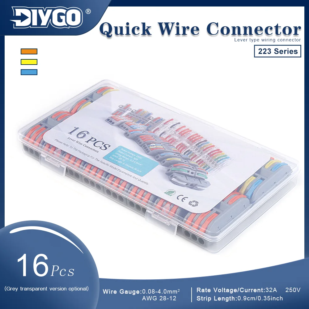 

16PCS 223 Series Lever Type Quick Wire Connectors 32A 250V Universal Electrical Terminal Block for 0.08-4.0mm² AWG 28-12 Cable