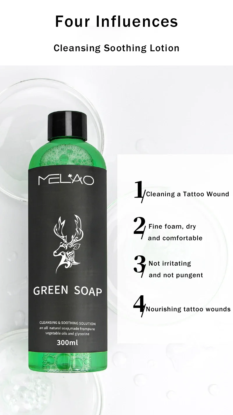 Jabón de limpieza de tatuajes, jabón de 300ML, limpieza cómoda y seca, verde, accesorio de equipo para aliviar heridas