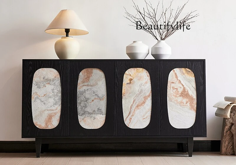 

French retro solid wood dining side cabinet antique rock slab storage living room storage floor wall decoration