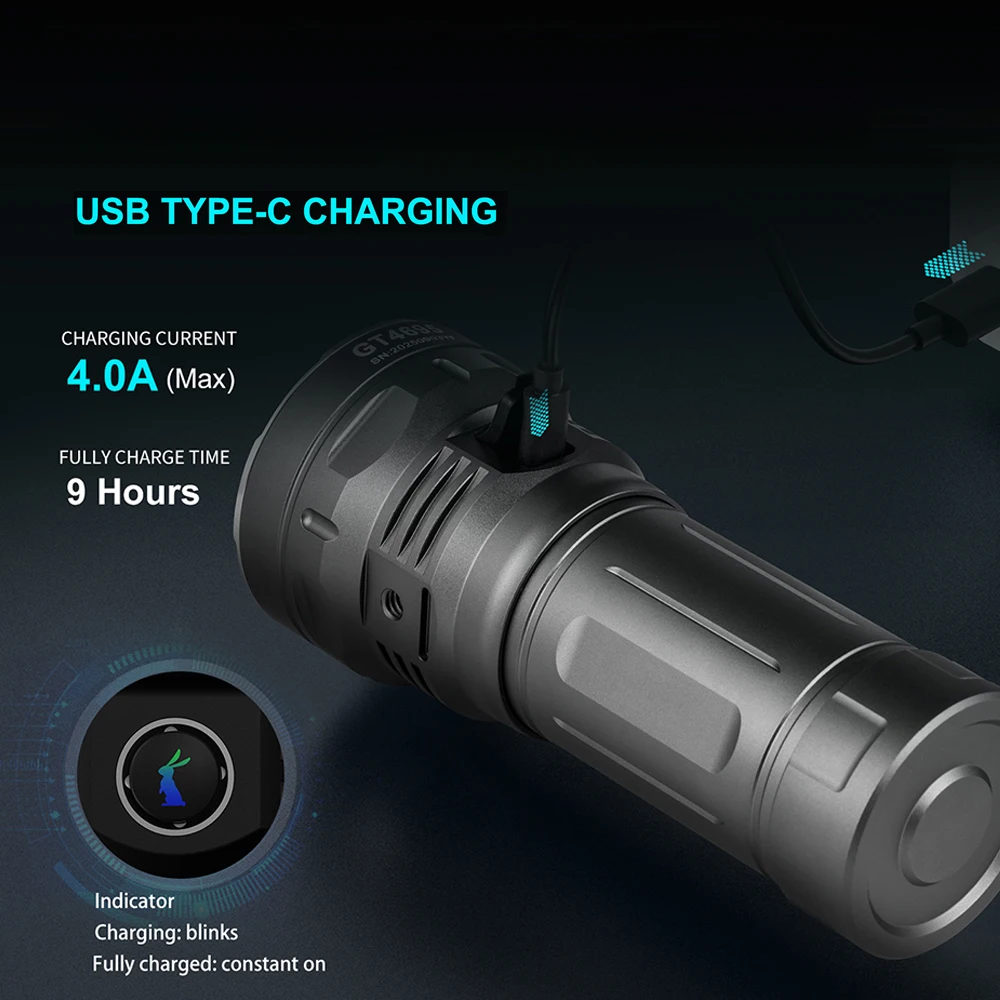 EDC LED Outdoor Flashlight 800M USB C Rechargeable Lamp 15000 Lumen Torch Outdoor Lantern 46950 Li-ion Powerful Light GT4695 V3
