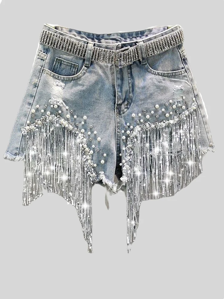 Waist Beads Tassel Women\'s Denim Shorts Summer Beading Wide Leg Thin Oversized Jeans S-5xl Size Korean Streetwear Women Clothes