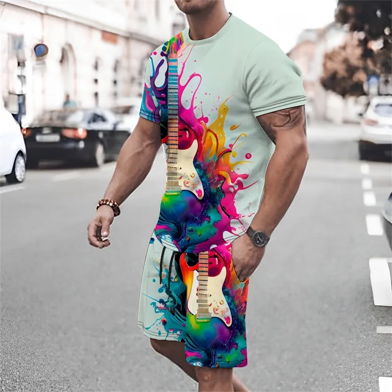 Tropical Men Short Sleeve Suit Human Party Fashion Trend Men's Guitar & Notes 3d Print Top Shorts Personality Street Men's Wear