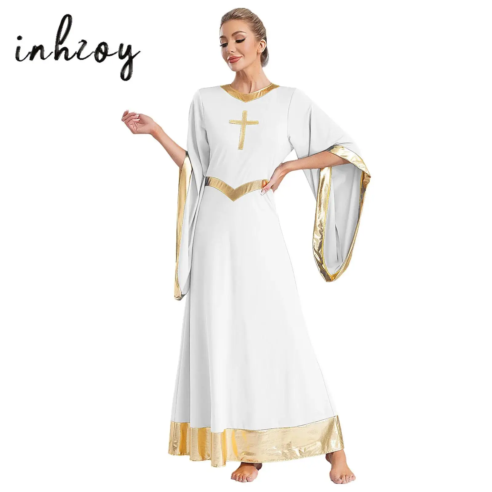 

Women Church Choir Worship Dress Liturgical Praise Lyrical Dance Costume Metallic Color Block Flared Sleeve Maxi Dress Dancewear