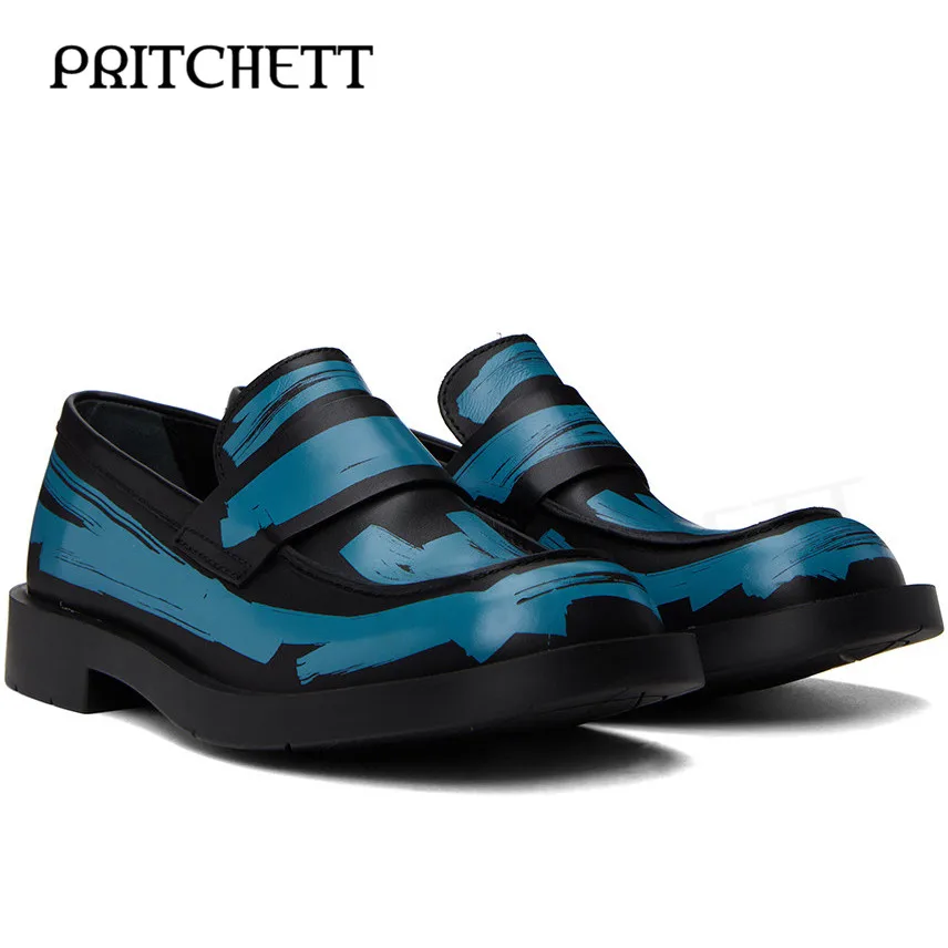 

Blue and Black Painted and Printed Loafers Square Root Round Toe Slip On Casual Leather Shoes Shallow Mouth Fashion Men's Shoes