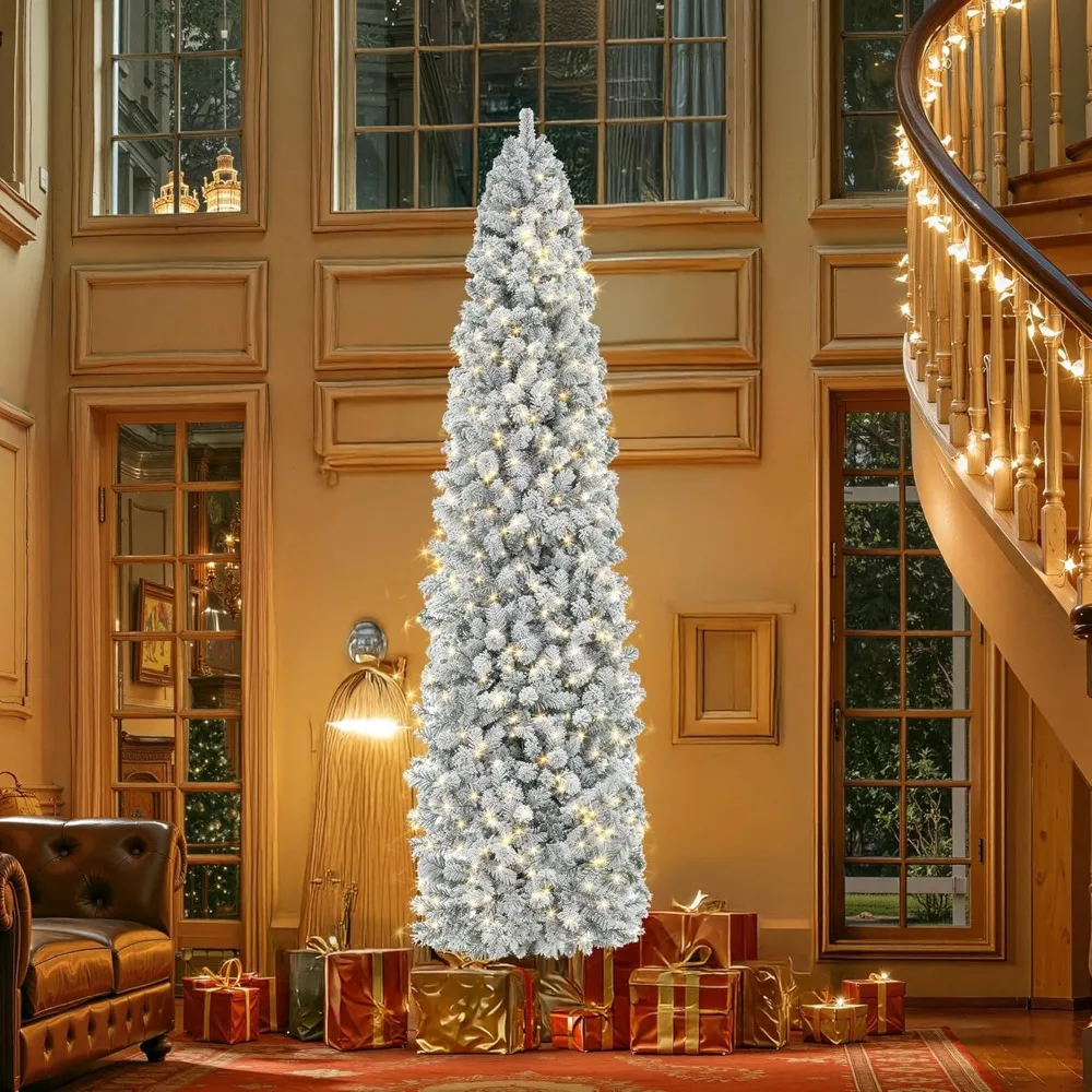 Star 9 Foot Flocked Pre-lit Christmas Tree with 546 LED Lights, App-Controlled Skinny Pencil Artificial Christmas Tree, Multi-Co