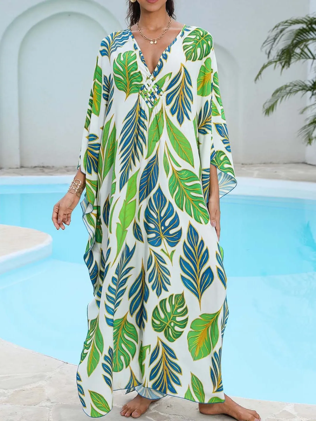 N Sle Long Dr Loose Fit Beach Vaion Aosphere Sensation Print Cotton V-Ne A-Line تنورة ماكسي Dr