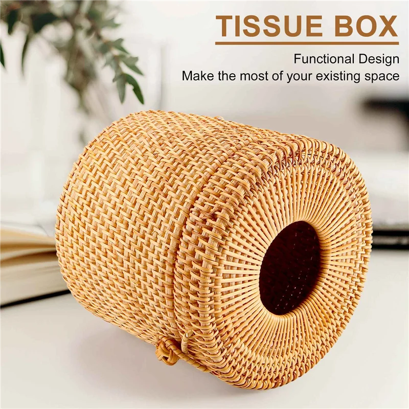 A23E-Rattan Tissue Box Toilet Paper Cover Wicker Decorative Holders With Lid For Storage Single Roll And Tissues In Bathroom