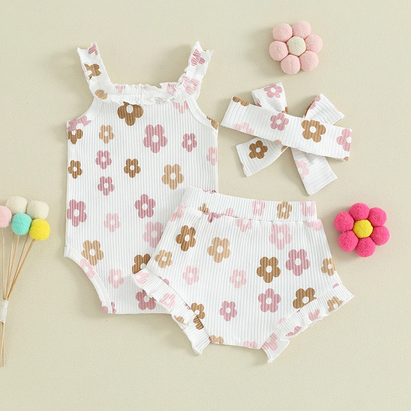 Newborn Baby Girl Summer Outfits Rainbow Floral Romper Strap Knit Bodysuit Elastic Waist Ruffle Shorts Set