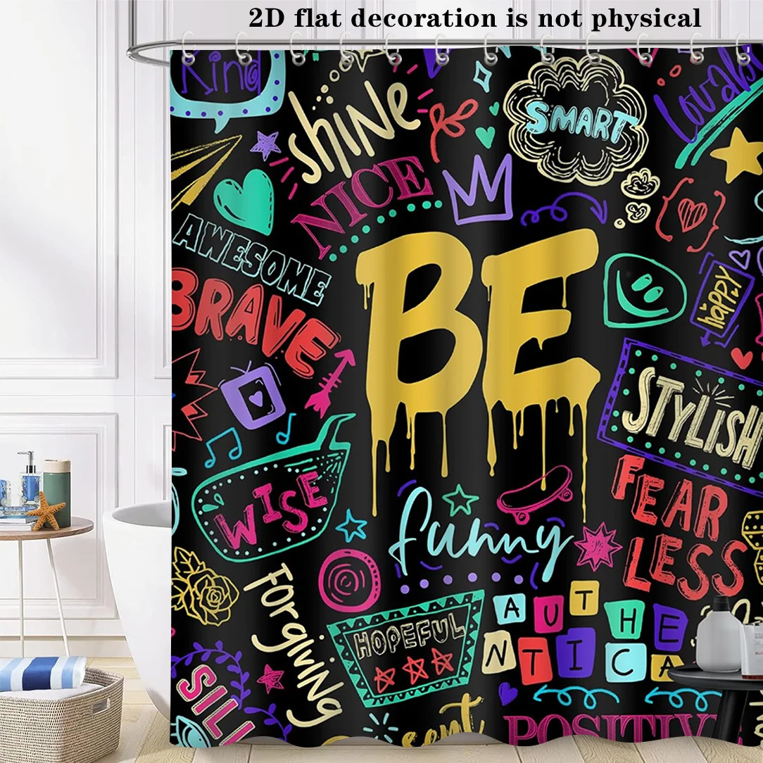 Colorful Graffiti BE Positive Shower Curtain Motivational Quote Doodle Print Waterproof Bathroom Decor Teen Kids Home BathScreen
