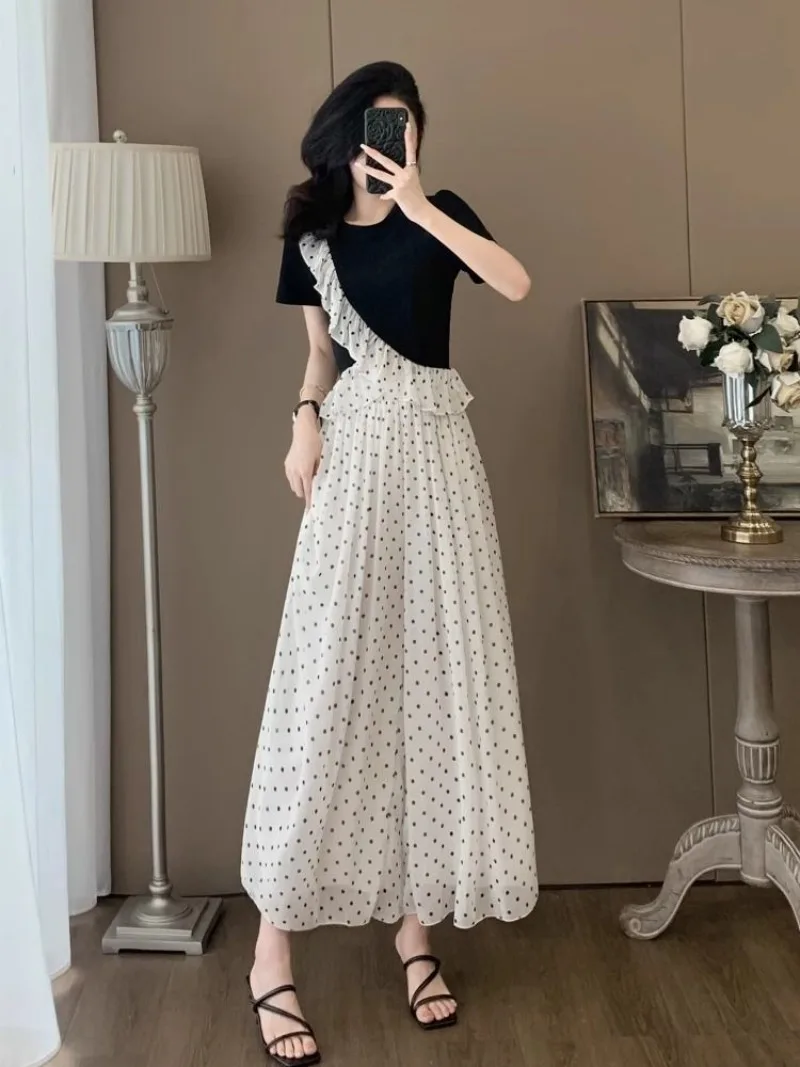 

New Summer Casual Women's Two Piece Set Fashion Ruffle Edge Spliced Short Sleeve T-shirt + Polka Dot Chiffon Loose Trousers Suit