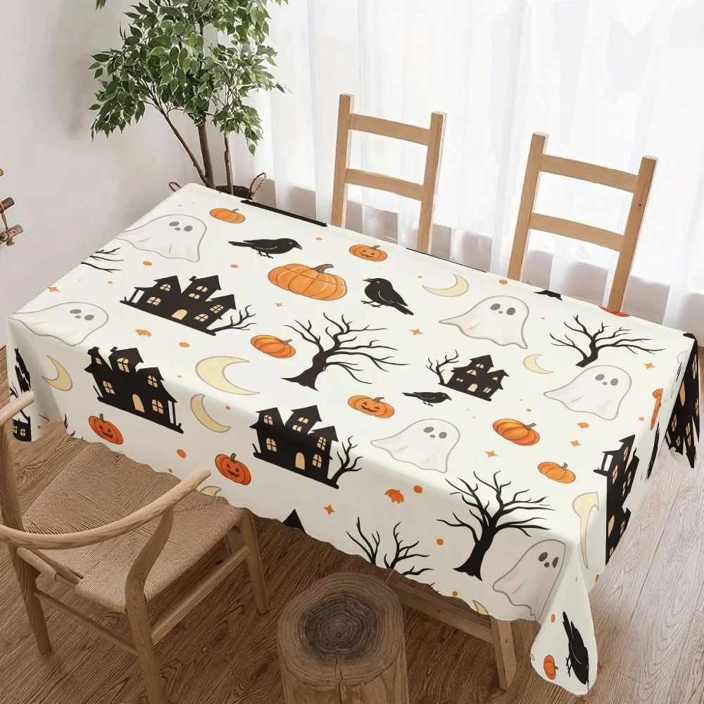 Halloween Rectangle Table Cloth Haunted House Ghost Pumpkin Crow Bare Tree Moon Star Table Cover for Halloween Dining Decor