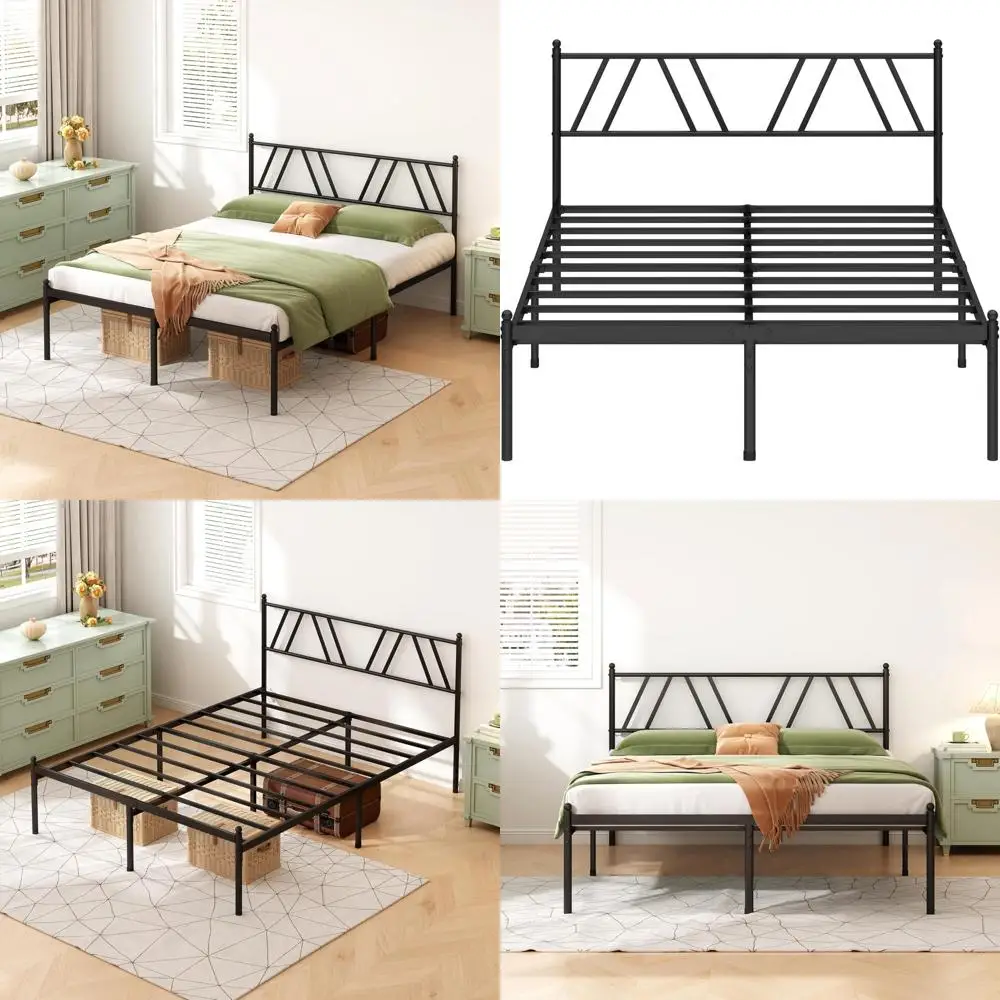 

Черный 14-дюймовый полноразмерный металлический каркас кровати с изголовьем, коробчатая пружина не требуется, опора стальных планок, простая сборка