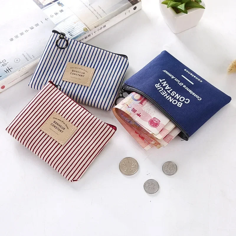 Cute Wallet Women Fabric Key Coin Purse Cartoon Square Mini Coin Pouch Letter Striped Print Zipper Canvas Bags for Girls