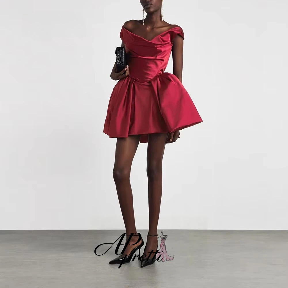 AP pretti Burgundy Off The Shoulder Draped Satin A Line Short Evening Dress Customized Pleated Mini Party Homecoming Prom Gown