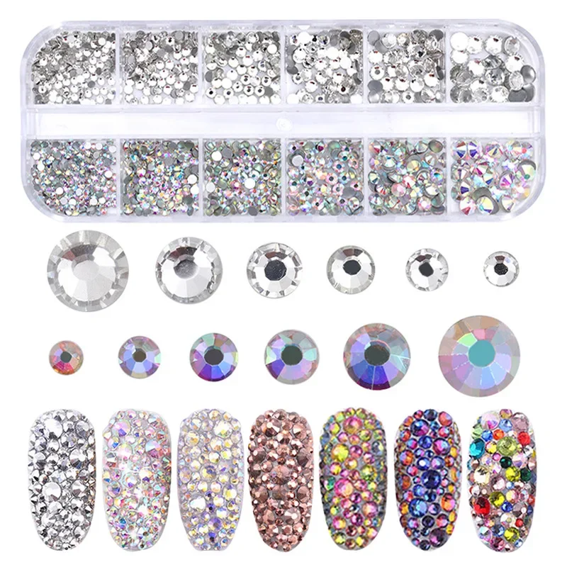 Nail Art Rhinestones Kit Nail Gems AB Flatback Rhinestones Gems Stones with Storage Organizer for Design Bright Holiday