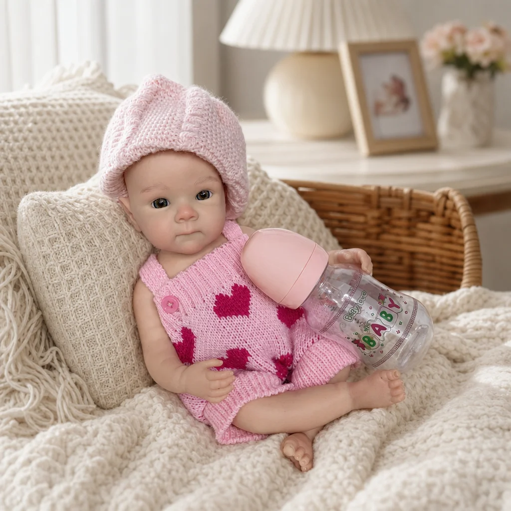 13 Inch Bettie Full Body Silicone Reborn Doll Open‑Mouth Design With Pink Heart Pattern Sweater Lifelike Hand Painted Collectible Art Doll For Adult Collectors Birthday Gift（TT）