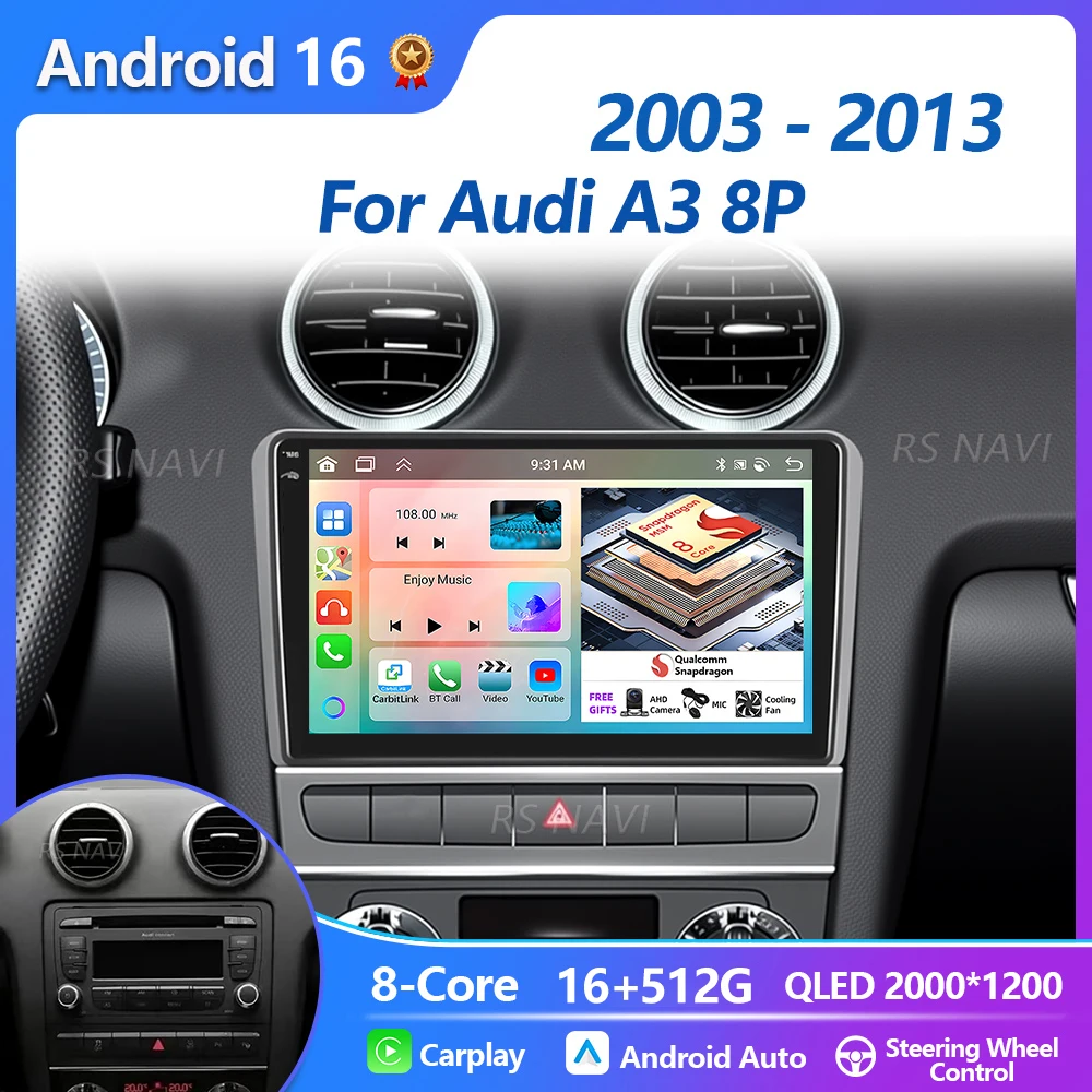 Plug and Play Android 16 Carplay Auto GPS Navigation Radio Multimedia Player For Audi A3 8P 2003 - 2013 video Stereo Car Radio
