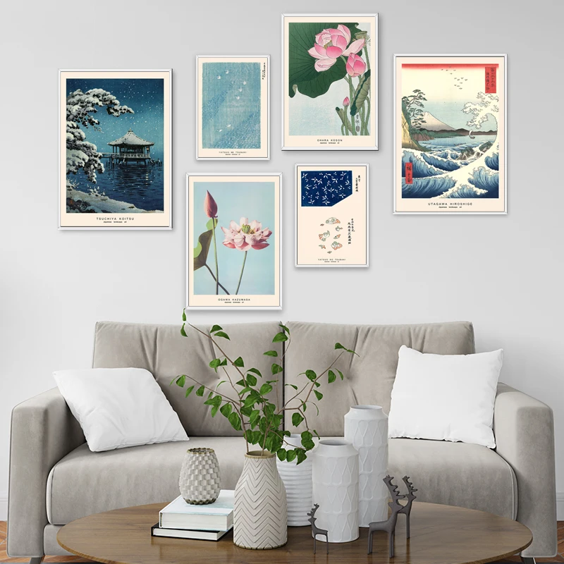 Mount Fuji Lotus Picture Painting on Canvas Sea Wave Vintage Life Print Art Wall Decorative Posters Bedroom Decor Japanese Style