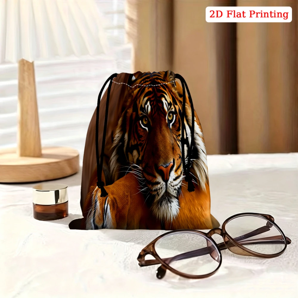 1Pc Tiger Print Drawstring Bag Brown Animal Pattern Storage Small Pouch Travel Organizer For Adults Lightweight Portable