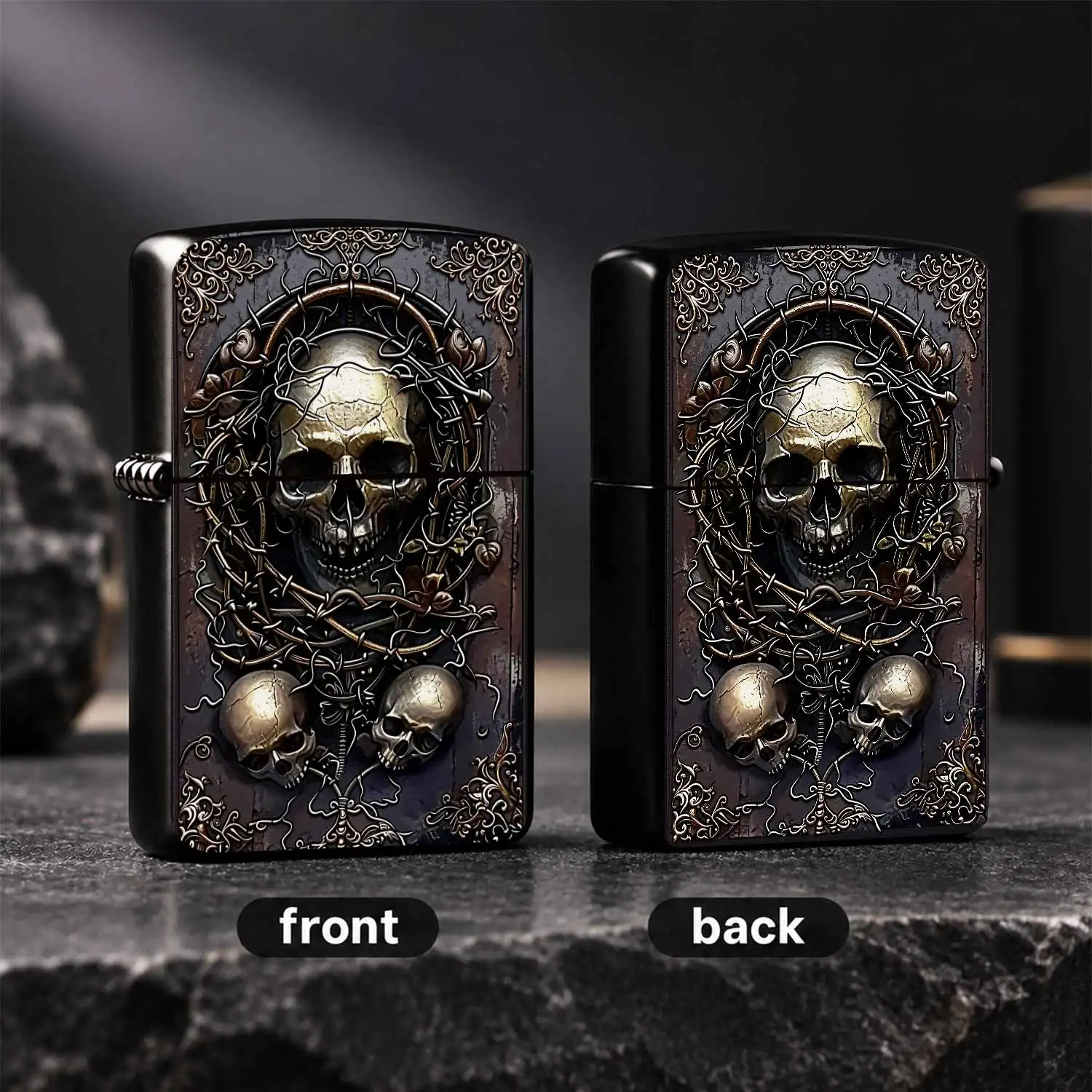 Vintage Dark Barbed Wire Skull Decor Lighter, Ornate Carved Frame Artistic Accessory, Portable Daily Use Stylish Item, Ideal Gift Collectible For All Scenes, Unique Gothic Aesthetic Decorative Practical Present A Humorous And Interesting Li