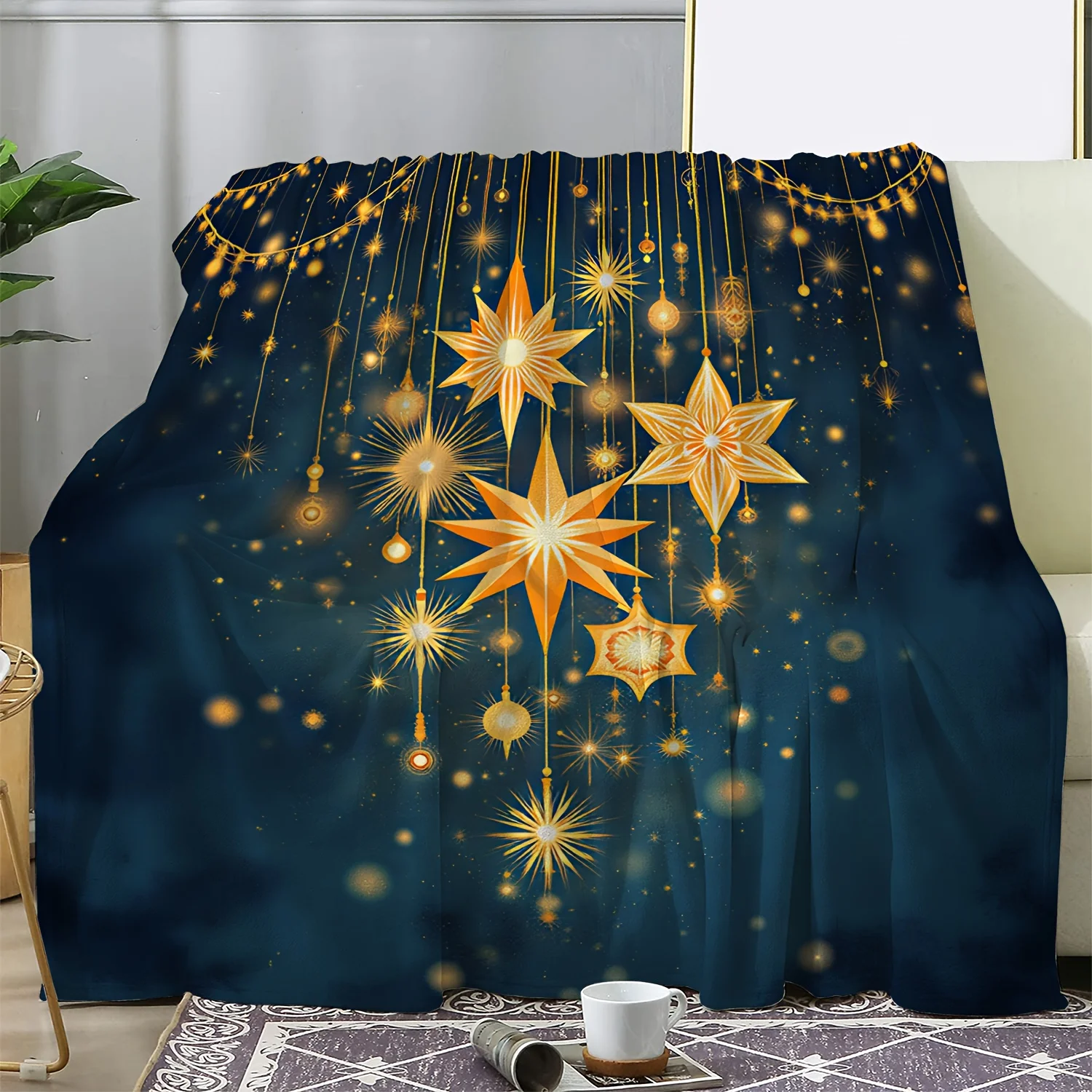 1pc Sdoo Luxury Flannel Blanket - Navy Blue & Golden Starry Night Design with Glowing Golden Stars, Plush Soft All-Season Bedspr