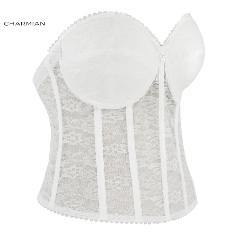 Charmian Sexy Women White Lace Bustier Corsets Bra Gothic Racer Bustiers Top Corsets and Bustier Waist Crop Cincher Bra Top