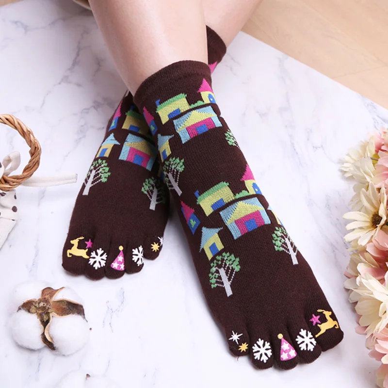 

5 Pairs Five-finger Socks Women Medium Tube Cute Printing Cartoon Pattern Ladies Socks Autumn and Winter Sub-toe Socks