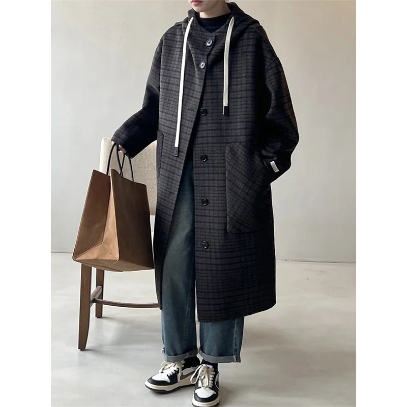 Checkered Wool Long Coat For Women's Winter New Loose Hooded Young Fashionable Woolen Coat C63