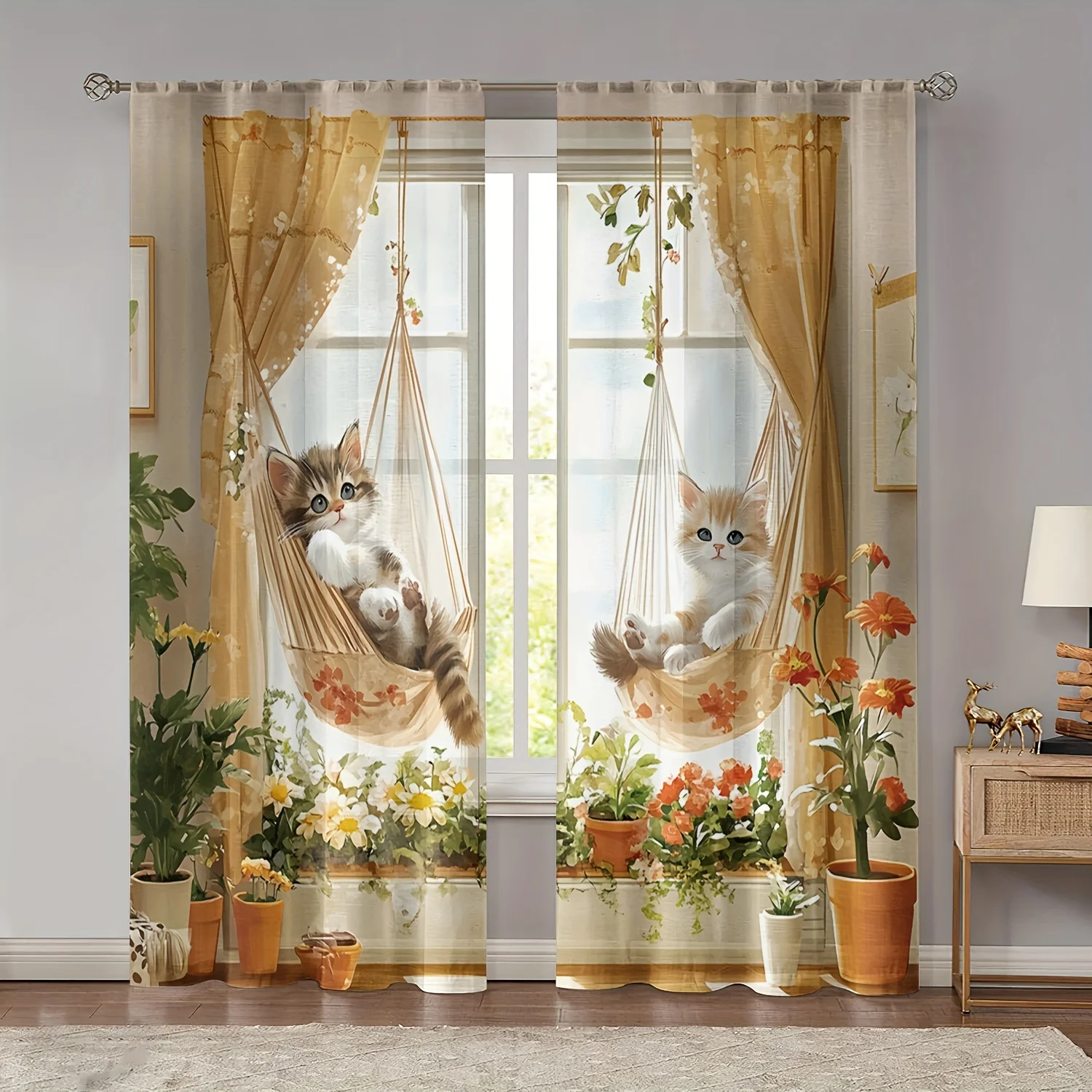 Retro floral pattern printed curtains, with a pole bag design, suitable for use in bedrooms, living rooms and offices.