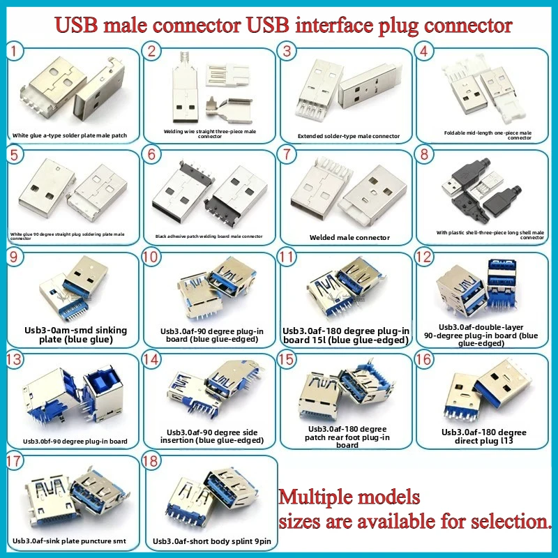 2 /5 /10pcs USB3.0-AM/AF 90/180-degree right-angle USB female connector, blue rubber copper core bent pin USB female socket