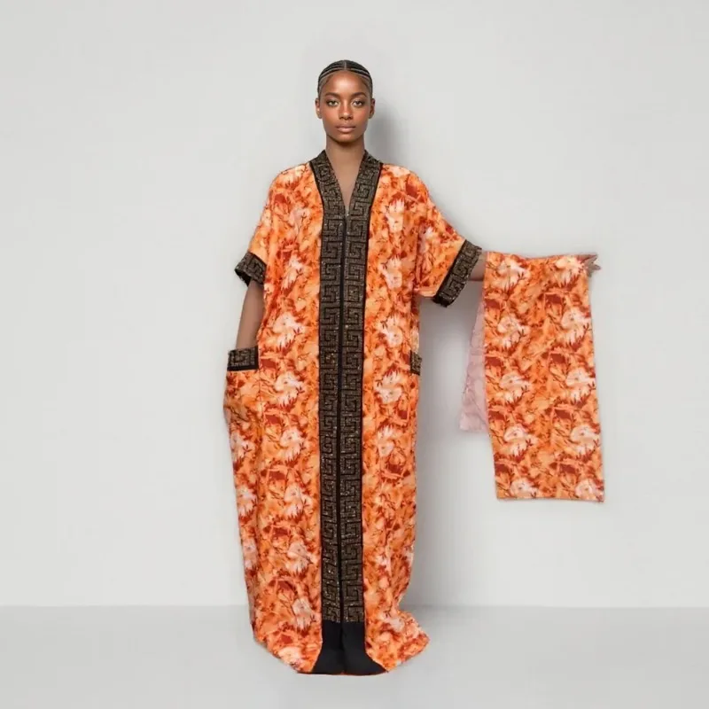 

New Fashion Middle Eastern Bubu Hot-Selling Diamond-Studded Loose Muslim African Summer Printed Women's Dress with Side Pockets