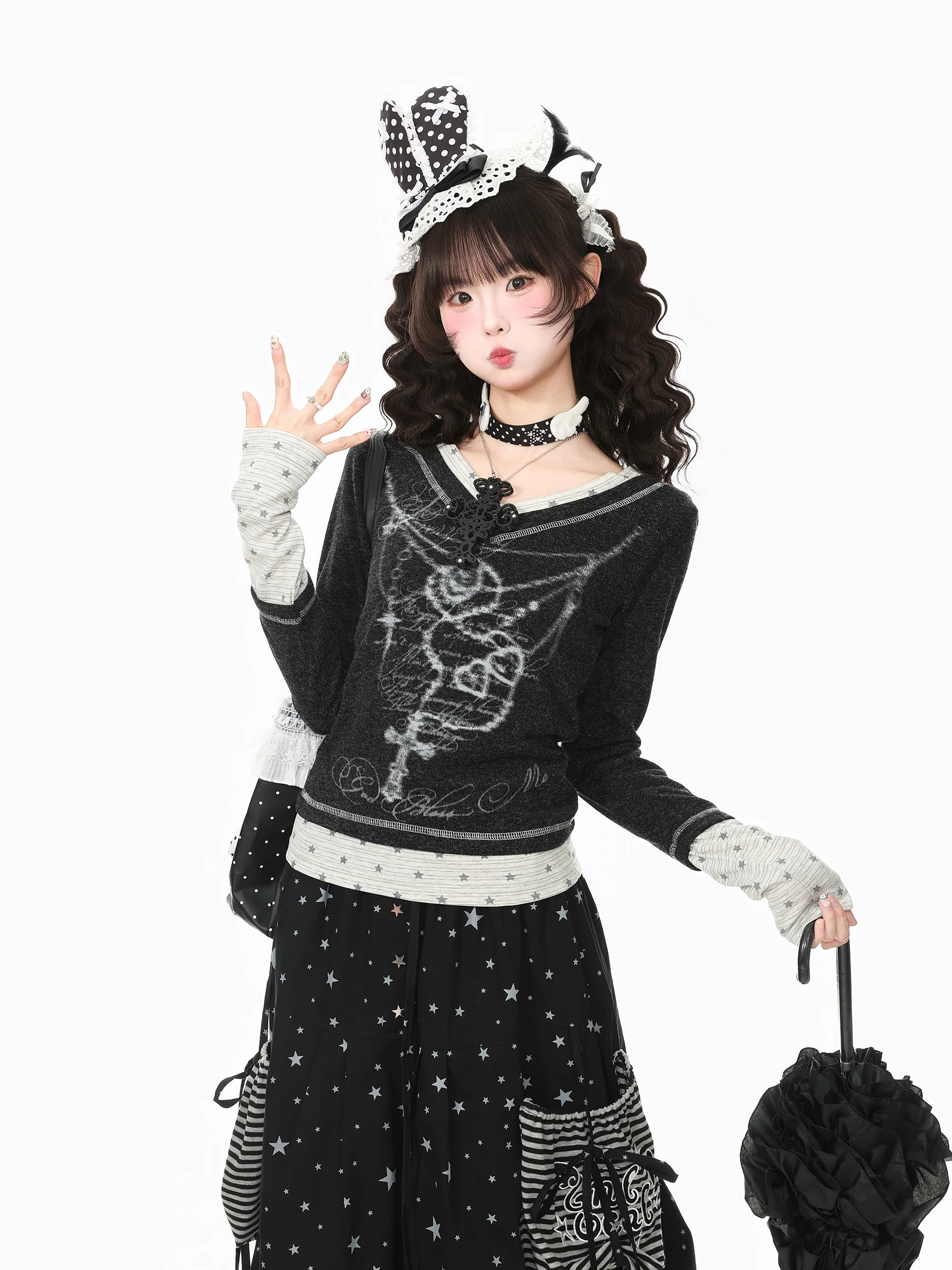 Blue Ghost Park Languid Park Long Sleeve V-Neck T-Shirt Women's Autumn Design Sense Top Star Splicing Casual Cotton Blend
