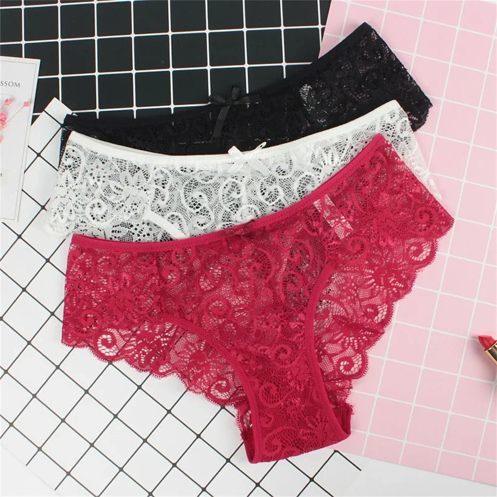 3pcs Lace Briefs Underwear Set for Women Cotton Crotch Female Underpants Hollow Out Panties Plus Size Briefs