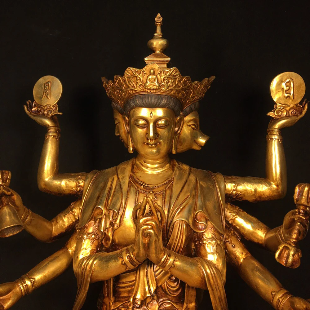 Handmade Pure Brass Gold Plated 8-Armed Doumu Yuanjun Statue Home Altar Desktop Vintage Ornament Gift