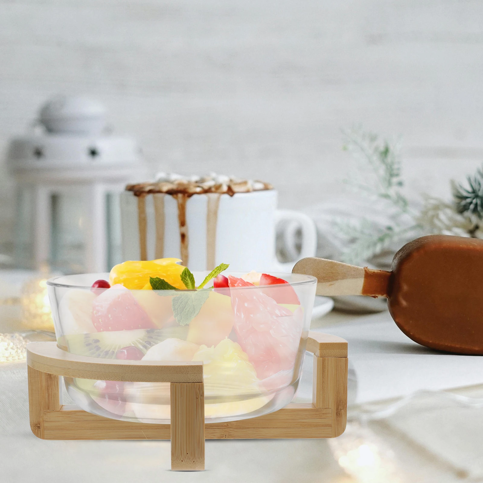 

Heat Resistant Glass Bowl Salad Food Serving Round Smooth Easy Clean Wooden Base Bamboo Travel Kitchen Bar Utensils Set