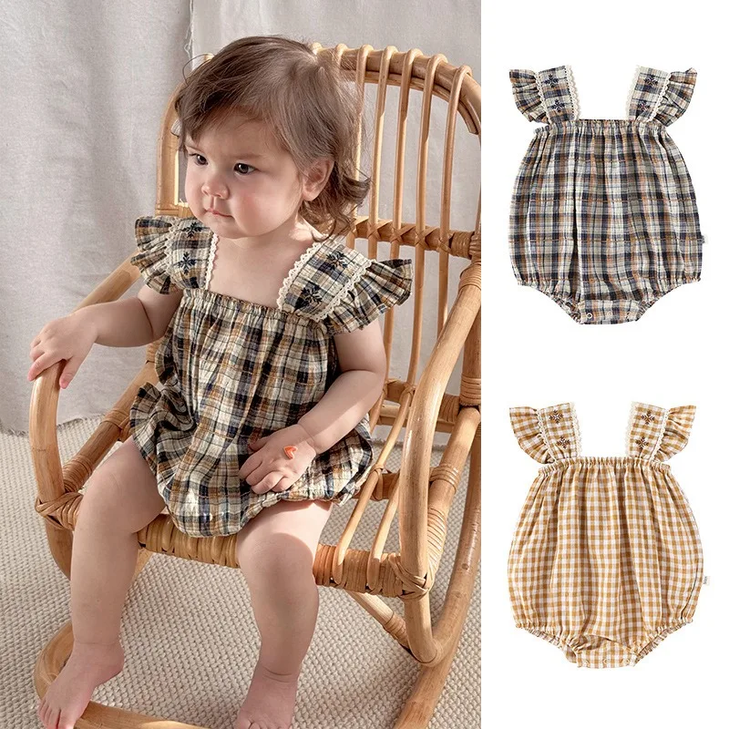 

Baby Girl Clothes Romper Summer Costume Grid Pattern Infant Bodysuit Flying Sleeves Outfit Cotton Soft Girls ClothesJumpsuit