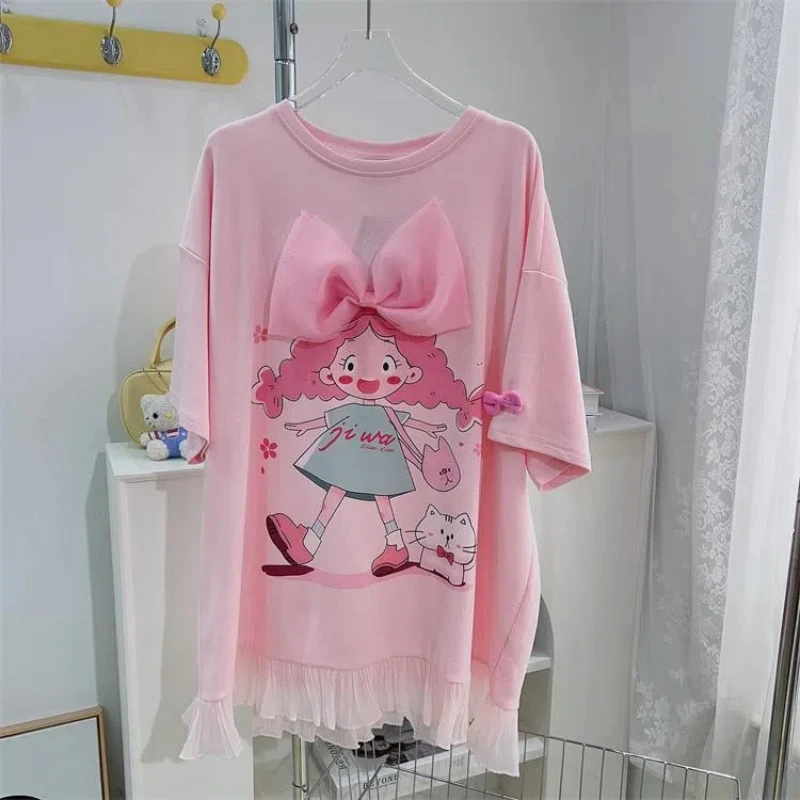 

Plus Size Sweet Lace Patchwork Bow T Shirts Summer O Neck Short Sleeve Print Fashion Loose Tops Casual High Street Women Clothes