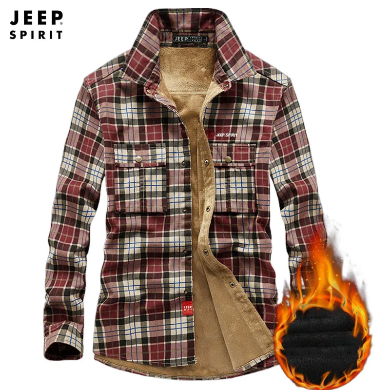 JEEP SPIRIT men fleece thickened long-sleeved shirt autumn winter fashion urban lapel cardigan slim fit warm casual plaid top