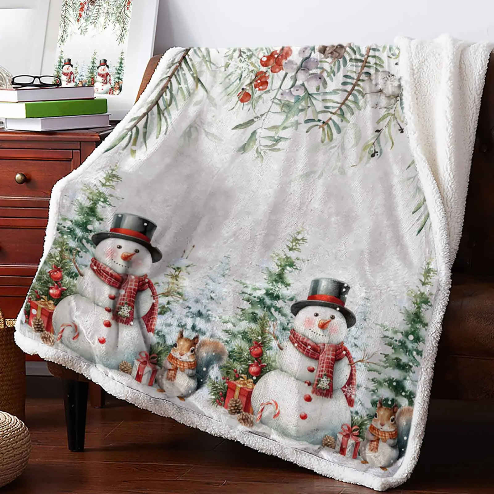 Christmas Berry Pine Snowman Tree Squirrel Winter Warm Cashmere Blanket Office Sofa Soft Throw Blanket Kids Bed Bedspread