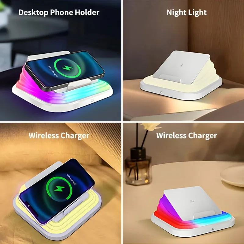 4-Color 15W Magnetic Wireless Charging Night Light, Adjustable Bedside Lamp for Bedroom, Office, Gift