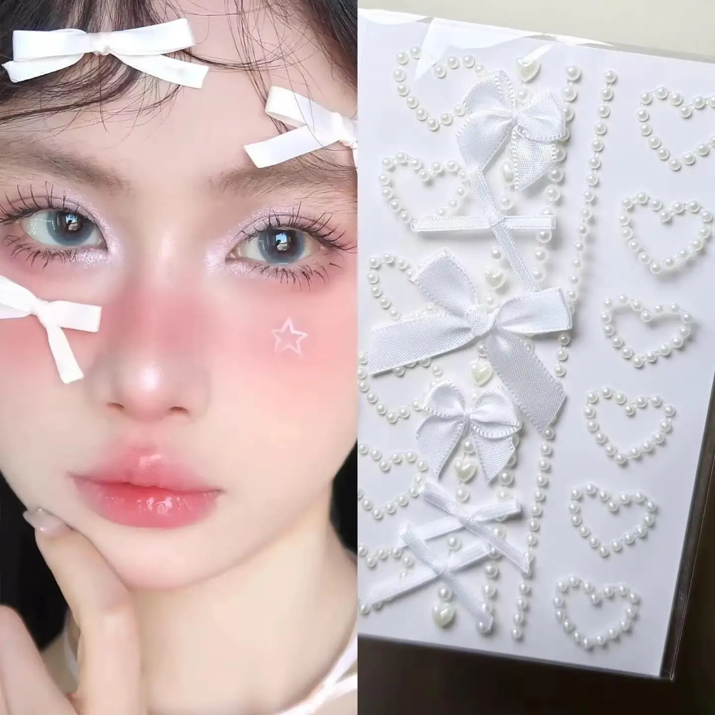 White Ribbon Bow Fashion Pearl Face Stickers Hollow Heart Pink Crystal Diamond Tattoo Stickers Body Arts Party Festival Makeup