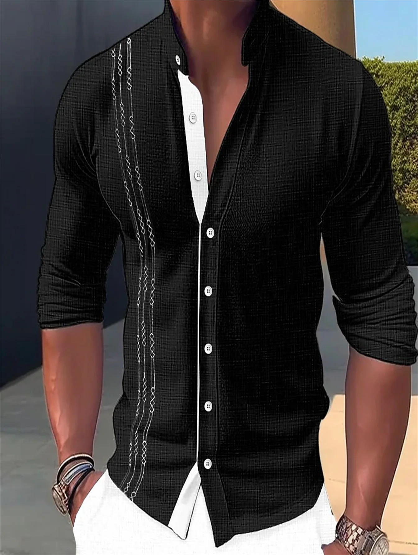 Spring and autumn men\'s long sleeve cotton and linen shirt stand collar breathable solid color street casual shirt men\'s shirt