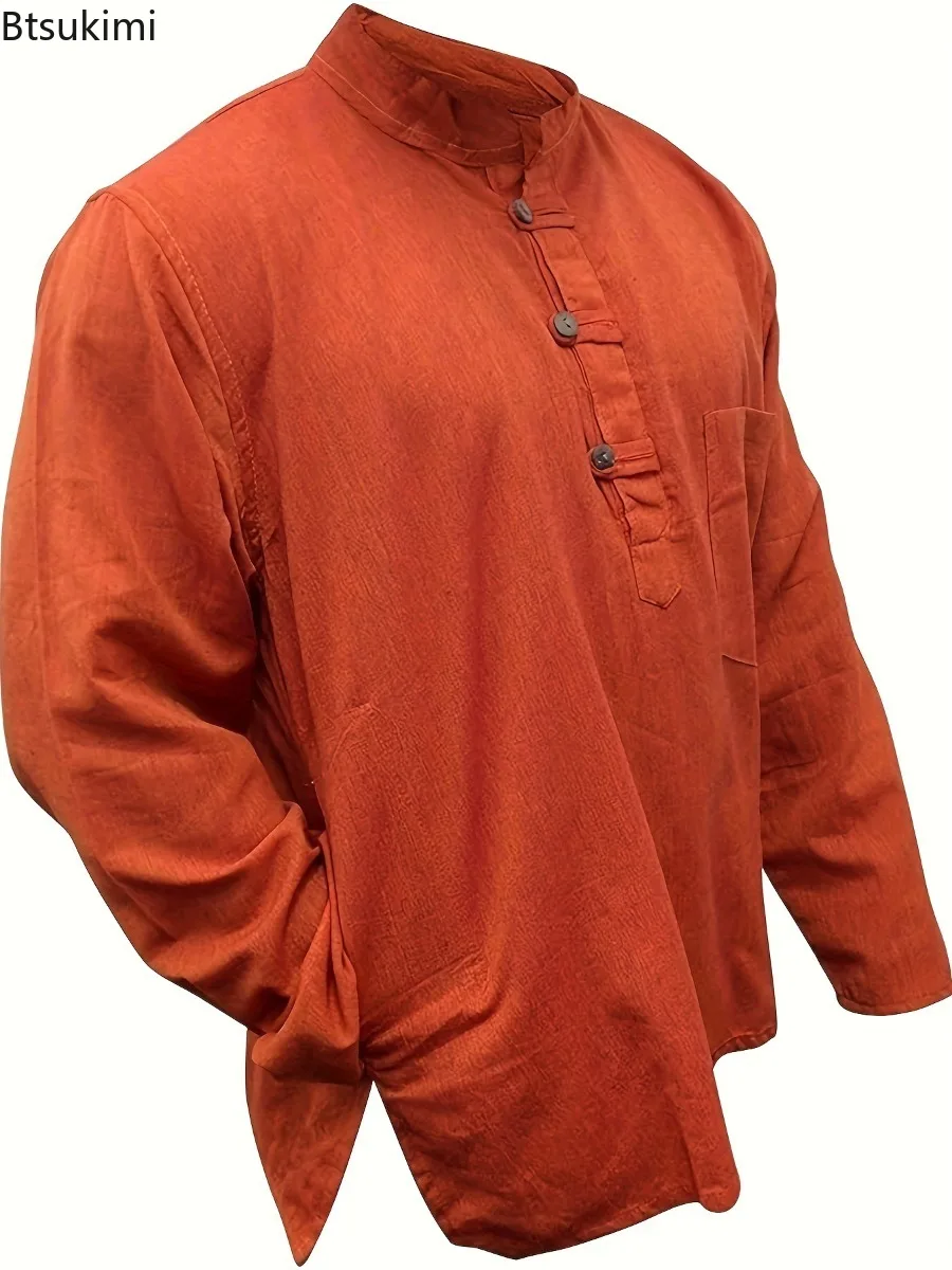 

Spring New Men's Vintage Henley Neck Long Sleeve Shirts Casual Solid Color Loose Tops Breathable Versatile Fashion T-Shirts Male