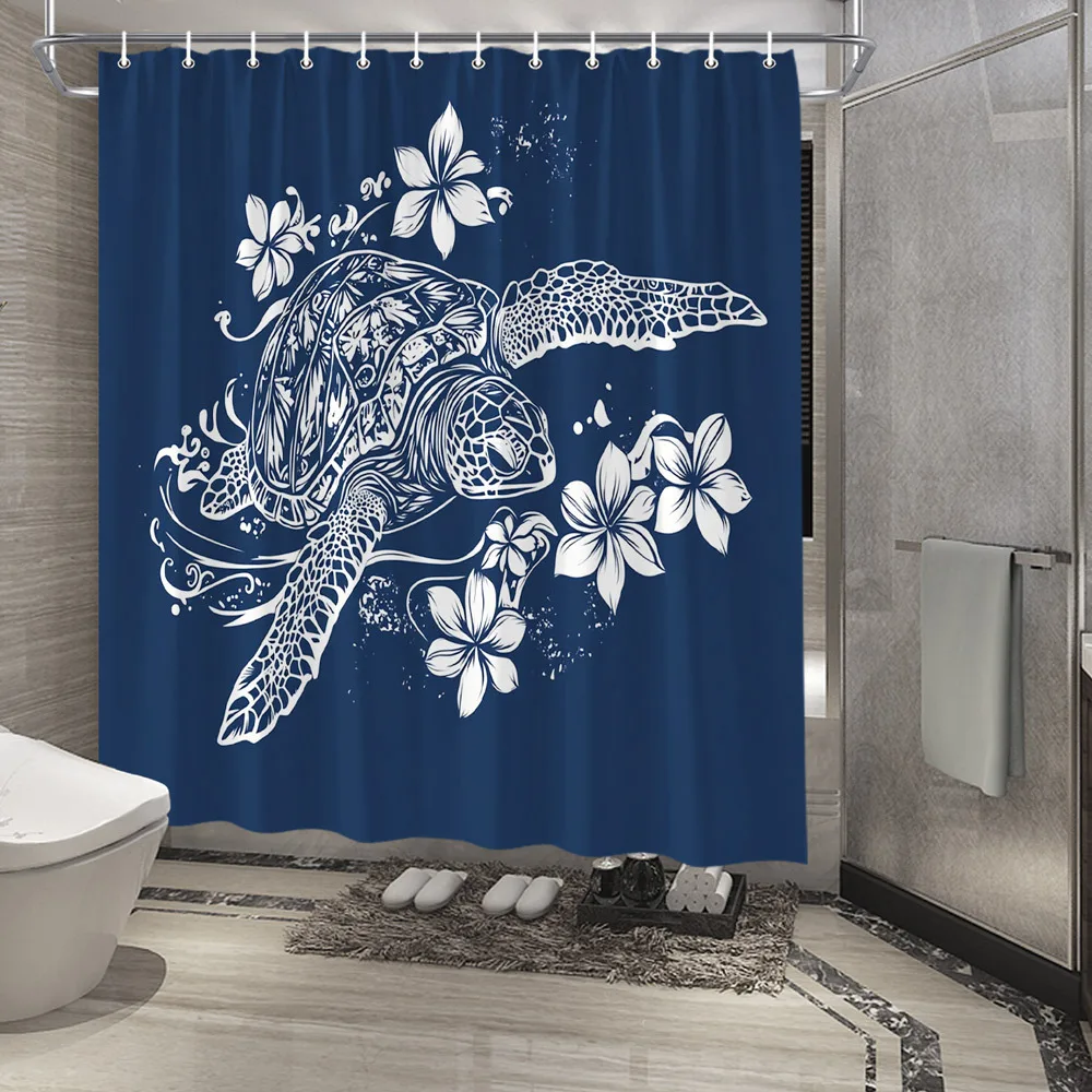 

1 шт. Элегантная занавеска для душа Oceanic — стилизованная морская черепаха с цветочными узорами, сине-белый дизайн, в стиле природы, в комплект входит