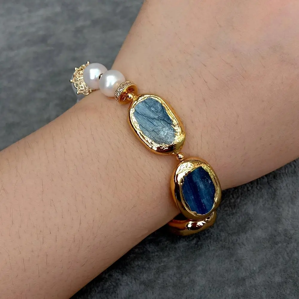 YYGEM Natural 17x23mm Blue Kyanite Rectangle Freshwater Cultured White Keshi Pearl Bracelet
