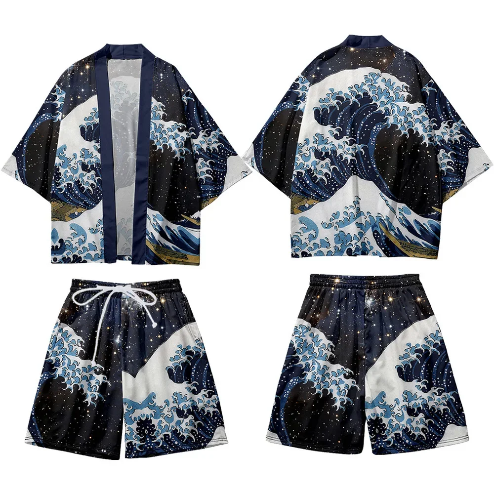 Print Tradition Yukata Haori Cosplay Costume Plus Size 5XL Japanese Kimono Cardigan Shorts Set Casual Satin Robe Streetwear