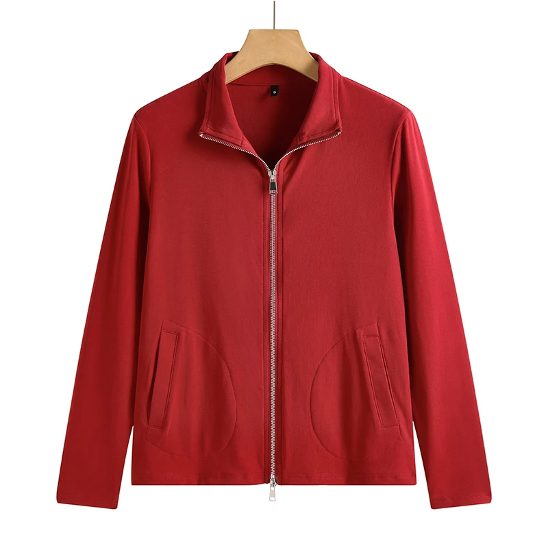 New Women's Zippered Stand Collar Jacket Slim Fit Long Sleeve Cotton Solid Color Casual Outerwear 8