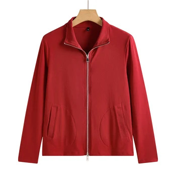 New Women's Zippered Stand Collar Jacket Slim Fit Long Sleeve Cotton Solid Color Casual Outerwear 8