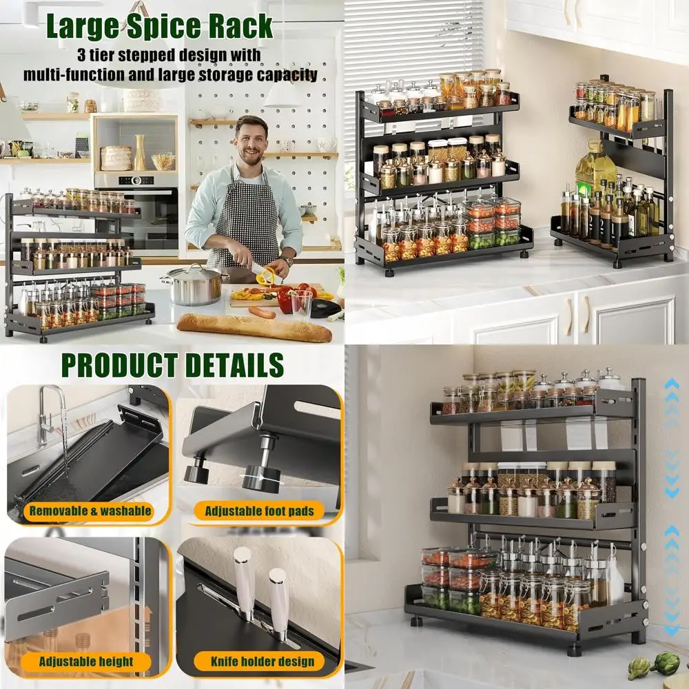 

Adjustable 3-Tier Metal Spice Rack Organizer for Kitchen and Pantry Storage (3-40CM Black)