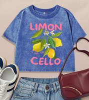 Lemon Fruits Cello Pink Letter Prints Washed Crop T-Shirts Women Retro Cotton T-Shirt Summer Slim Clothing Crewneck Sport Tops